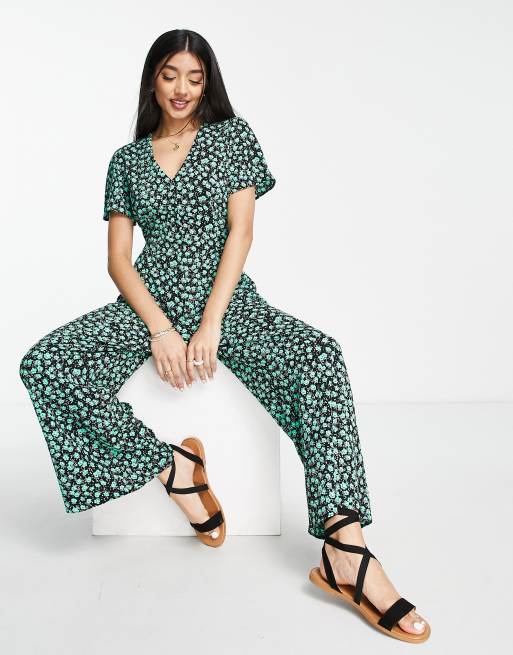 ASOS DESIGN – Czarno-zielony kombinezon w kwiatowy wzór z krótkimi rękawami i szerokimi nogawkami
