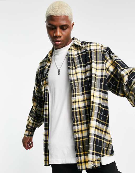ASOS DESIGN – Czarno-żółta koszula superoversize ze szczotkowanej flaneli w kratę