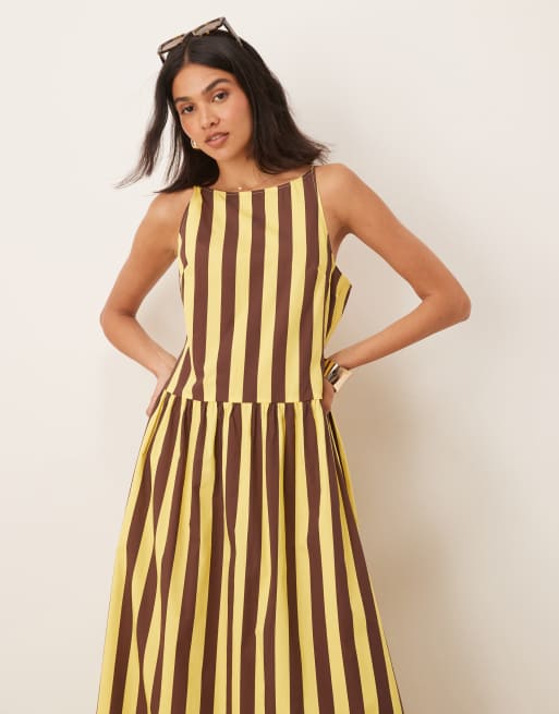 ASOS DESIGN – Czarno-żółta popelinowa sukienka maxi w paski z obniżoną talią i dekoltem typu bokserka
