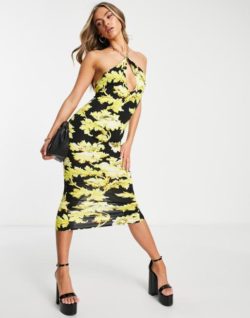 ASOS DESIGN – Czarno-złota sukienka midi w kwiaty z dekoltem halter z łańcuszkiem