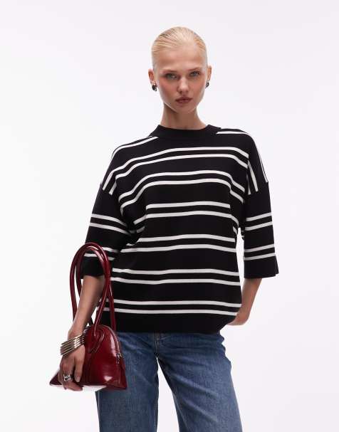 ASOS DESIGN – Czarnobiały dzianinowy T-shirt oversize w paski o zwartej, strukturalnej formie - view 1
