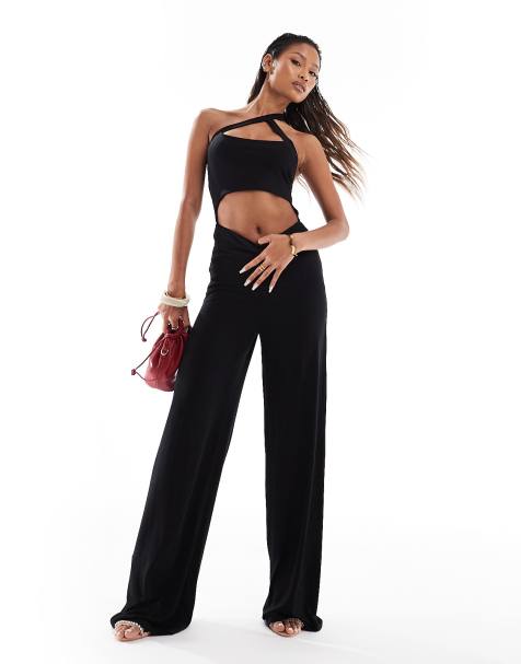 ASOS DESIGN – Czarny asymetryczny kombinezon na ramiączkach z ozdobnym wycięciem - view 1