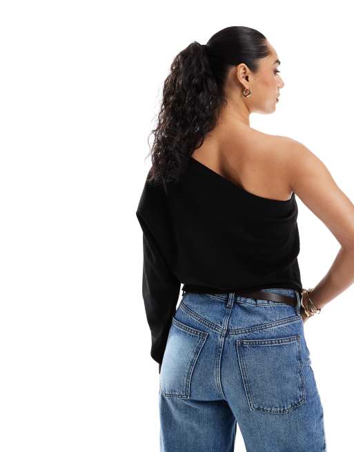 ASOS DESIGN – Czarny asymetryczny sweter dzianinowy na jedno ramię, 3 z 4