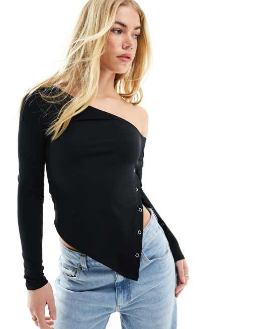 ASOS DESIGN – Czarny asymetryczny top z długim rękawem i zapięciem na zatrzaski