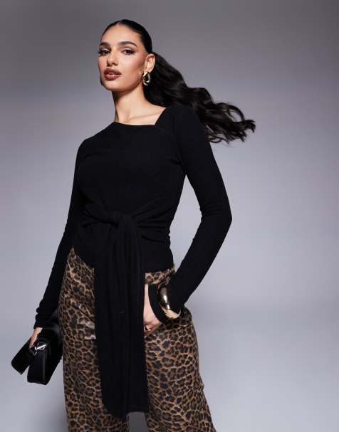 ASOS DESIGN – Czarny asymetryczny top z długimi rękawami ze szczotkowanej dzianiny z ozdobnym wiązaniem w talii - view 1