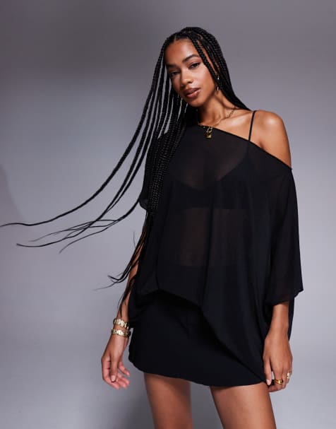 ASOS DESIGN mesh sheer slouchy longline off shoulder cape top in black