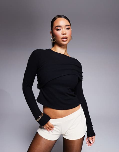 ASOS DESIGN – Czarny bardzo miękki drapowany top z długim rękawem i dekoltem w łódkę - view 1
