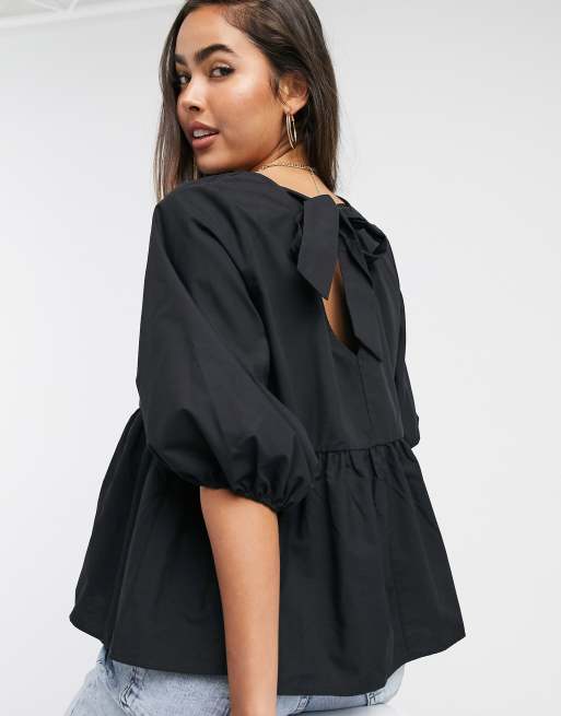 ASOS DESIGN – Czarny bawełniany top o luźnym kroju z baskinką i długim rękawem
