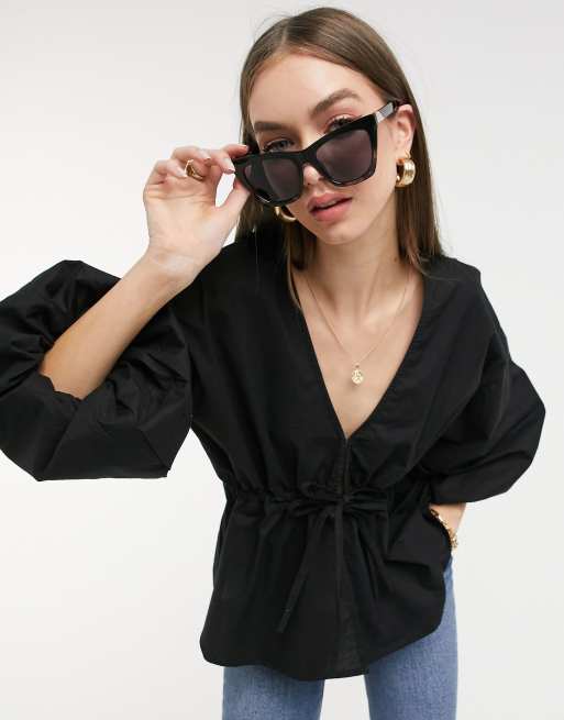 ASOS DESIGN – Czarny bawełniany top z dekoltem w kształcie litery V i wiązaniem w talii