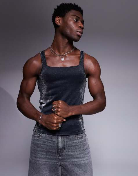 ASOS DESIGN square neck muscle fit vest in black glitter fabric 