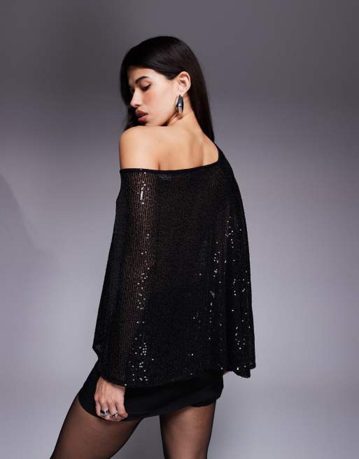 ASOS DESIGN – Czarny cekinowy top z pelerynką, 3 z 4