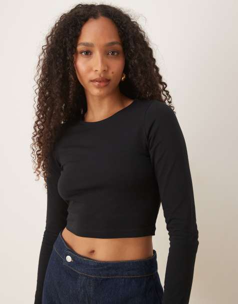 ASOS DESIGN fitted crop t-shirt with long sleeve in black
