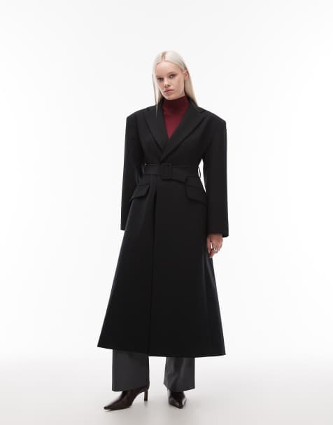 ASOS DESIGN tailored power shoulder belted overcoat in black