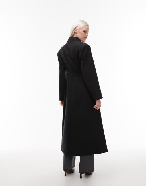 ASOS DESIGN – Czarny dopasowany płaszcz z paskiem i szerokimi ramionami, 3 z 4