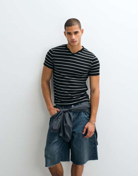 ASOS DESIGN – Czarny dopasowany T-shirt z fakturowanego materiału w paski - view 1
