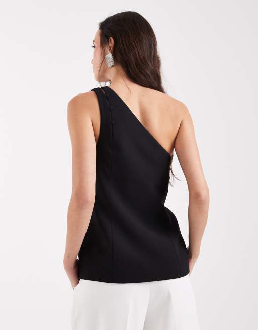 ASOS DESIGN – Czarny dopasowany top na jedno ramię z guzikami, 4 z 4
