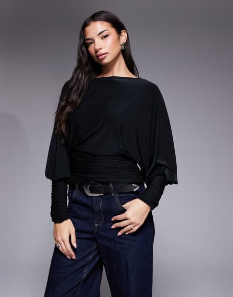 ASOS DESIGN – Czarny drapowany miękki top z nietoperzowymi rękawami i marszczoną talią - view 1