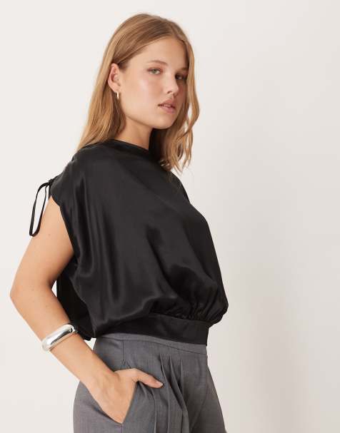 ASOS DESIGN ruched shoulder drape top in black