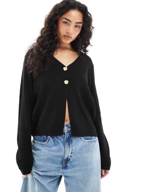 ASOS DESIGN – Czarny dzianinowy kardigan z dekoltem w kształcie litery V i zapięciem na guziki w kolorze złota
