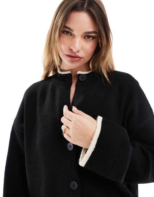 ASOS DESIGN – Czarny, dzianinowy kardigan z okrągłym dekoltem i lamówką, 3 z 4