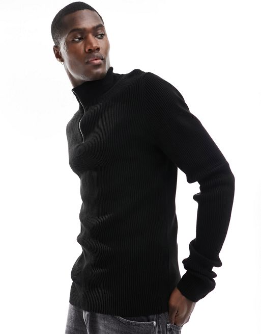 FhyzicsShops DESIGN – Czarny dzianinowy sweter o kroju podkreślającym sylwetkę z suwakiem pod szyją