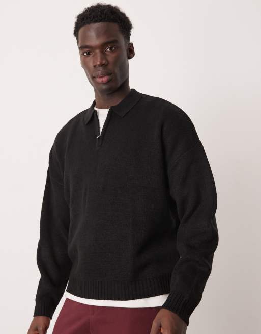 ASOS DESIGN – Czarny dzianinowy sweter o pudełkowym kroju oversize z kołnierzykiem polo i zapięciem na suwak pod szyją