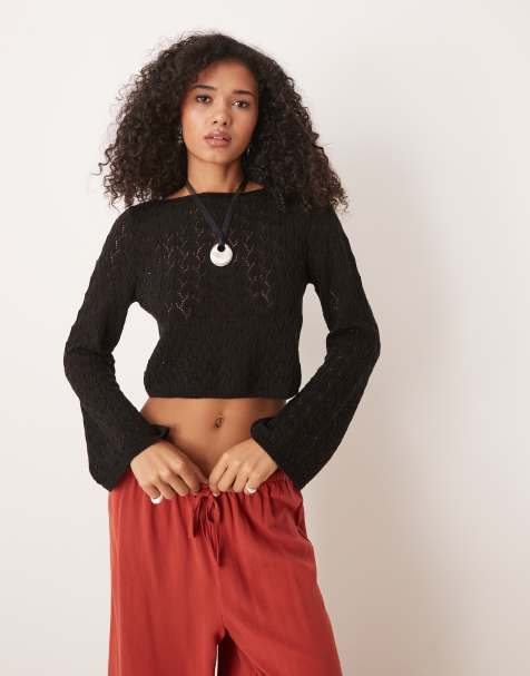 ASOS DESIGN knitted flared sleeve top in stitch detail in black