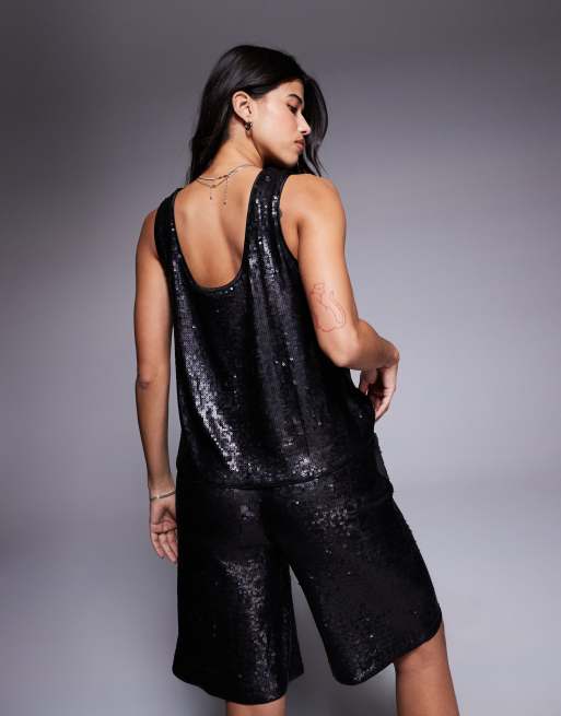 ASOS DESIGN – Czarny elegancki top cekinowy bez rękawów, część zestawu, 2 z 4