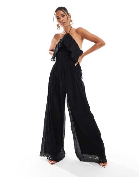 ASOS DESIGN – Czarny fakturowany kombinezon z szerokimi nogawkami, dekoltem halter i falbanką - view 1