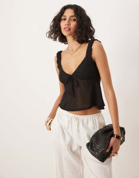 ASOS DESIGN textured cami top with mesh mix in black