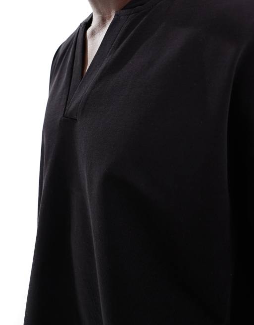 ASOS DESIGN – Czarny gruby T-shirt oversize z bejsbolowym kołnierzem , 3 z 4