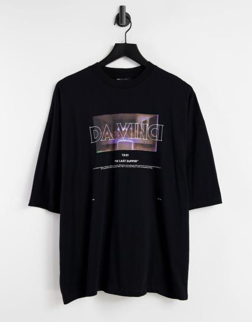 ASOS DESIGN – Czarny gruby T-shirt oversize z motywem Da Vinciego