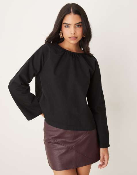 ASOS DESIGN – Czarny jeansowy top z raglanowymi długimi rękawami - view 1