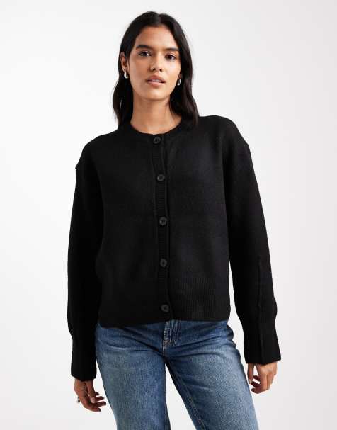 ASOS DESIGN boxy crew neck cardigan with side split detail in black