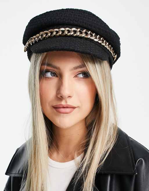 ASOS DESIGN – Czarny kaszkiet z teksturowanej dzianiny w pepitkę z ozdobnym łańcuszkiem