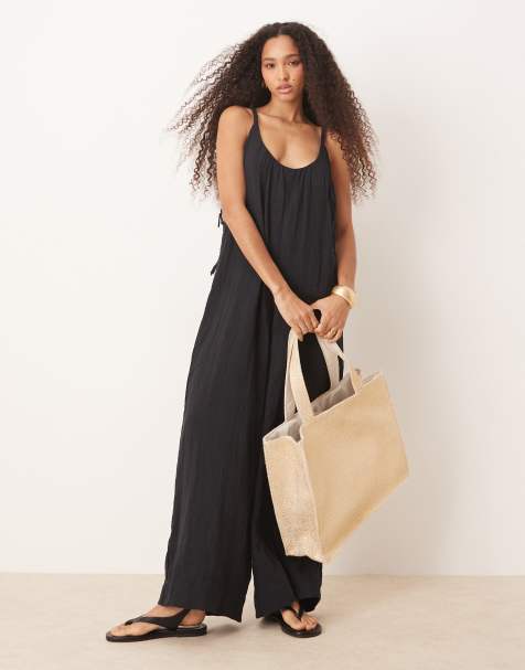 ASOS DESIGN – Czarny kombinezon z dekoltem U i wiązanymi plecionymi ramiączkami - view 1