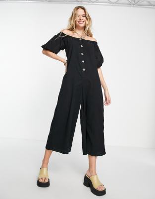 ASOS DESIGN – Czarny kombinezon z materiału dobby z odkrytymi ramionami i guzikami