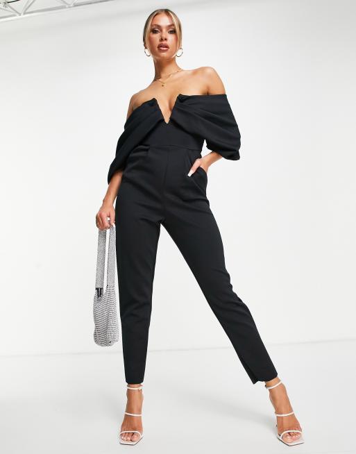 ASOS DESIGN – Czarny kombinezon z materiału typu nurek z odsłoniętymi ramionami, dekoltem w kształcie litery V i dopasowanymi nogawkami 