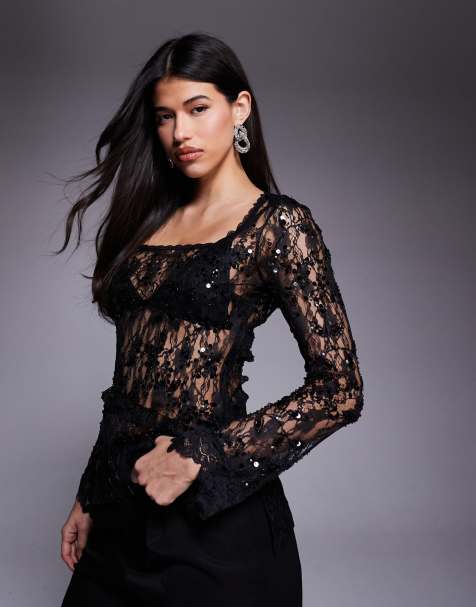 ASOS DESIGN – Czarny koronkowy top o wydłużonym fasonie z ozdobnymi detalami i kwadratowym dekoltem - view 1