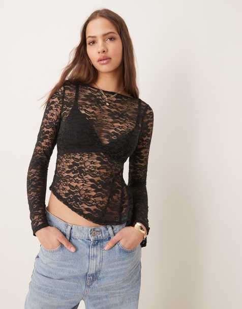 ASOS DESIGN – Czarny koronkowy top z długim rękawem i falbanką z godetem - view 1