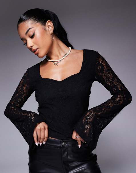 ASOS DESIGN sweetheart lace long sleeve top in black