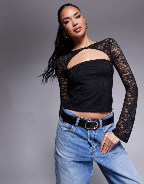 ASOS DESIGN lace long sleeve top with rouleau button detail in black