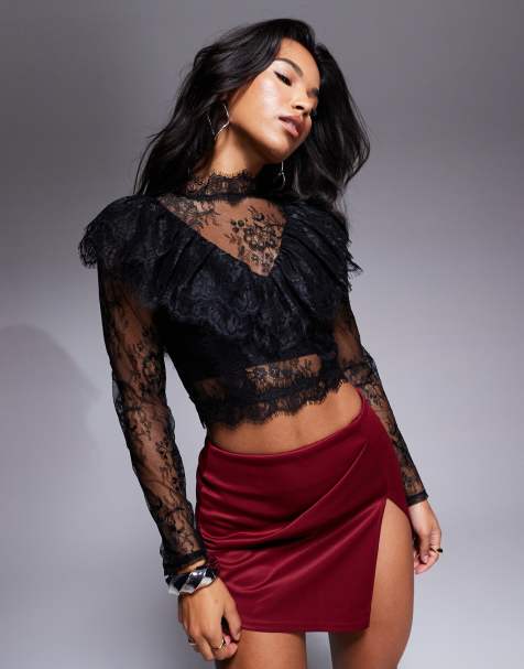 ASOS DESIGN – Czarny koronkowy top z zabudowanym dekoltem i falbanką - view 1