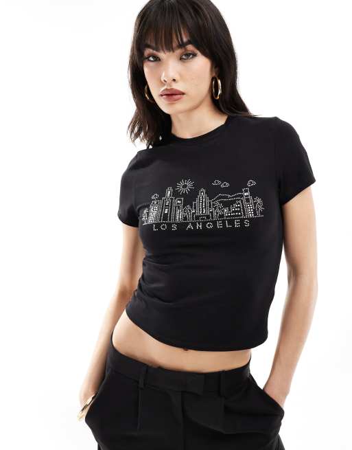 ASOS DESIGN – Czarny krótki i obcisły T-shirt z grafiką z dżetów z motywem Los Angeles