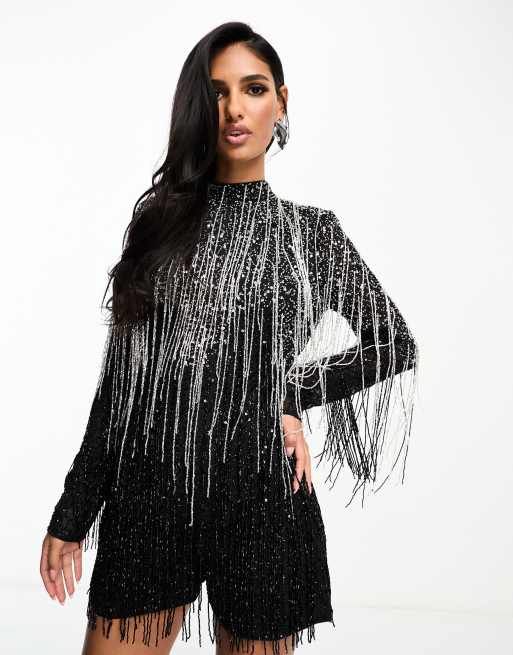 ASOS DESIGN – Czarny krótki kombinezon z długimi rękawami z ozdobnymi frędzlami