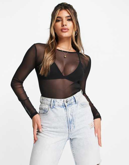 ASOS DESIGN – Czarny krótki top z siateczki z długimi rękawami , 2 z 4