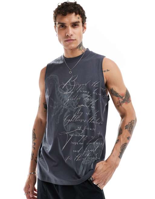 ASOS DESIGN – Czarny luźny podkoszulek we wzór w stylu grunge na całej powierzchni