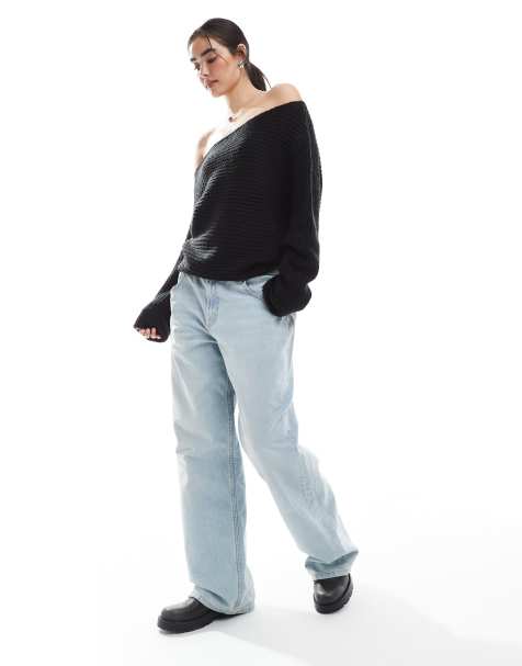 ASOS DESIGN knitted off the shoulder slouchy jumper in black