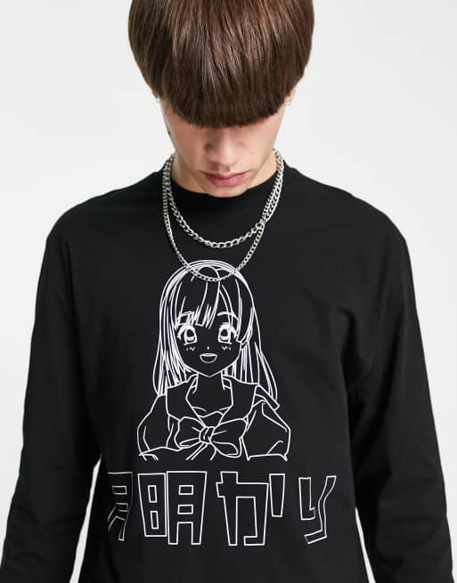 ASOS DESIGN – Czarny luźny T-shirt bawełniany z długim rękawem i nadrukiem w stylu anime – BLACK