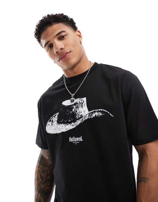 ASOS DESIGN – Czarny luźny T-shirt o pudełkowym kroju z nadrukiem kowbojskim z przodu